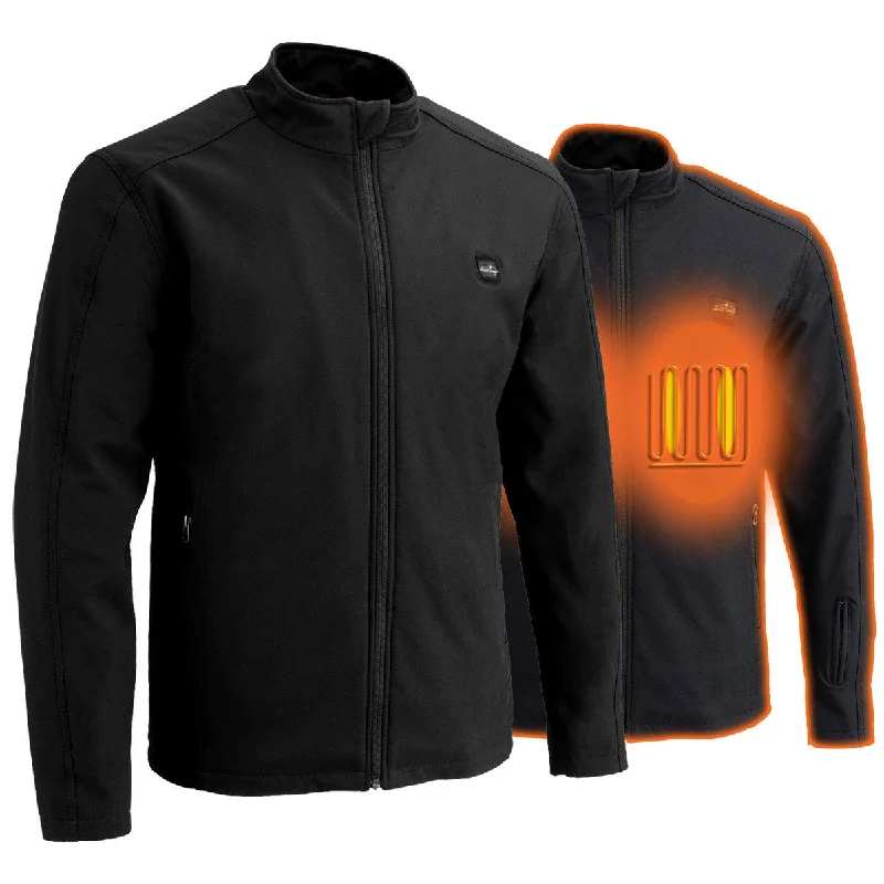 Men jackets with a media - friendly pocket for easy access to gadgetsThe Bikers Zone BZ2862 Men's Heated Black Soft-Shell Jacket with 12V Battery