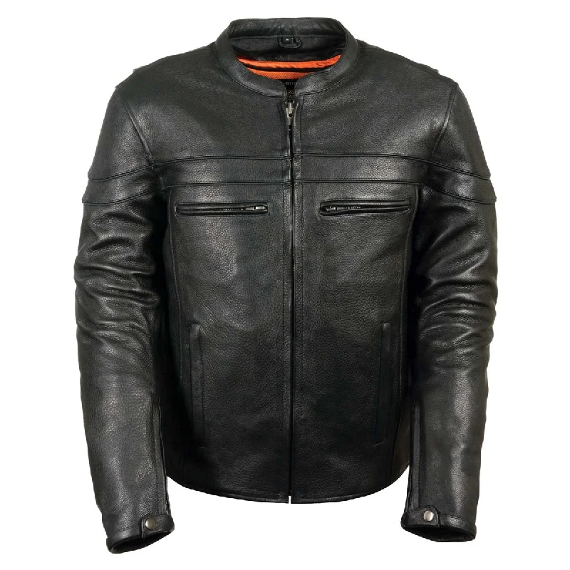 Waterproof men jackets with taped seams for heavy rain protectionZ1R1408 Men’s ‘45’ Black Sport Vented Black Leather Moto Jacket