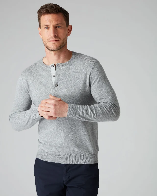 007 Round Neck Cotton Cashmere Henley Light Grey