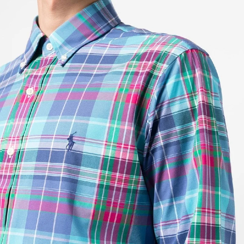 Poplin Stretch Custom Fit Shirt - Check - Turquoise/Pink Multi