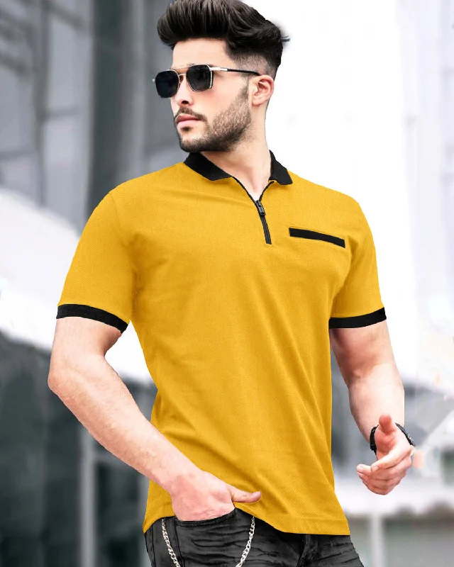 Men's two - tone stripe polo shirts with a preppy styleMen's tie - dye t - shirts with a bohemian styleMen Zip Polo Yellow-Black Contrast T-shirt