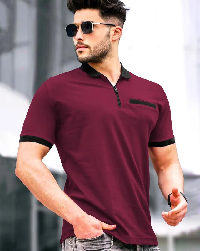 Men's button - down spread collar polo shirts for business casualMen's polo t - shirts with a contrast collar for a preppy lookMen Zip Polo Maroon-Black Contrast T-shirt