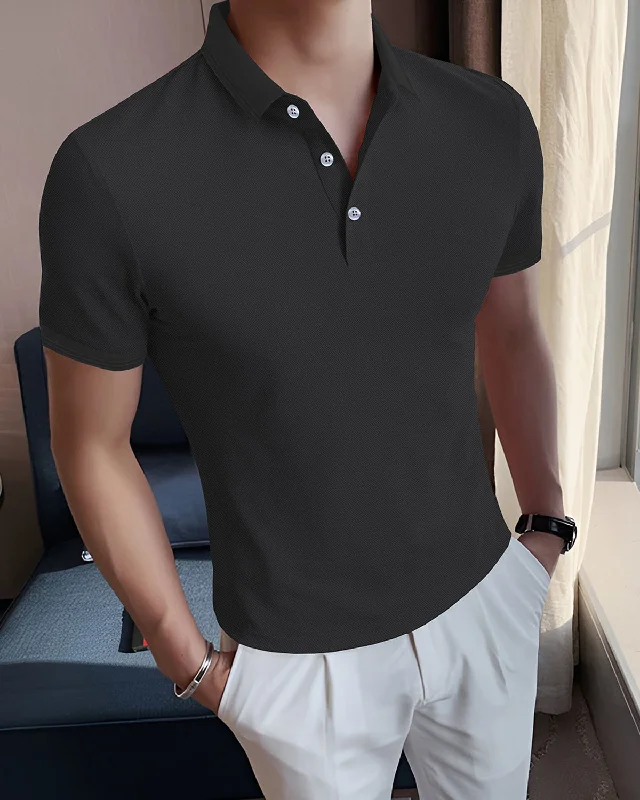 Men's short - sleeve linen t - shirts for summer beach outingsPolo Dark Grey Classic Button Down T-Shirt