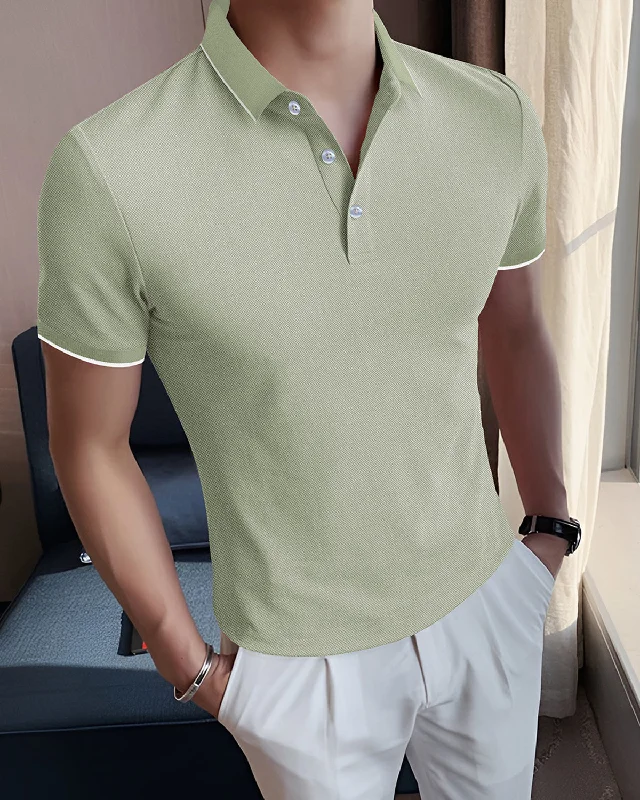 Men's antimicrobial polo shirts for odor - free daily wearMen's smart - casual checkered t - shirts for semi - formal occasionsOlive Green Polo White Piping Button Collar T-Shirt