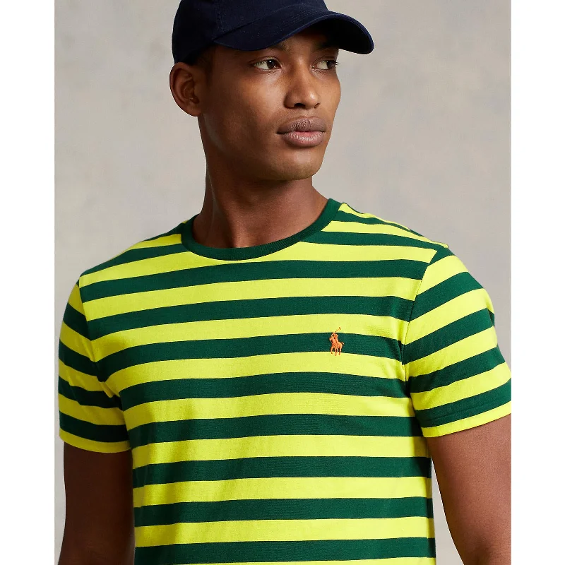 Men's v - neck muscle t - shirts for a body - building aestheticPolo Ralph Lauren - Custom Fit Jersey Crewneck T-Shirt - Stripe - Bright Yellow & Forest Green