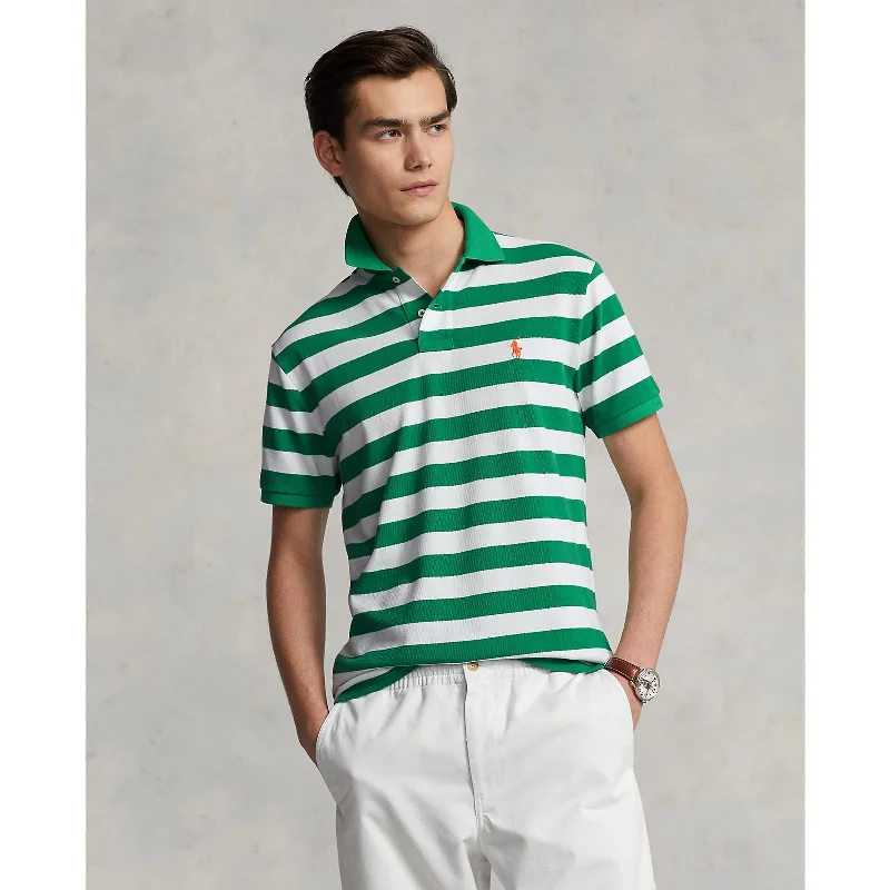 Men's stretchable athletic polo shirts for fitness workoutsPolo Ralph Lauren - Custom Fit Mesh Polo -  Stripe - Lifeboat Green & White