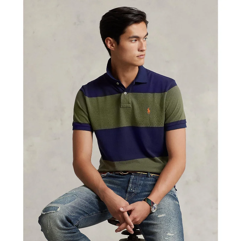 Men's high - collar polo shirts with a modern twistPolo Ralph Lauren - Custom Fit Mesh Polo - Stripe - Navy & Sage Green