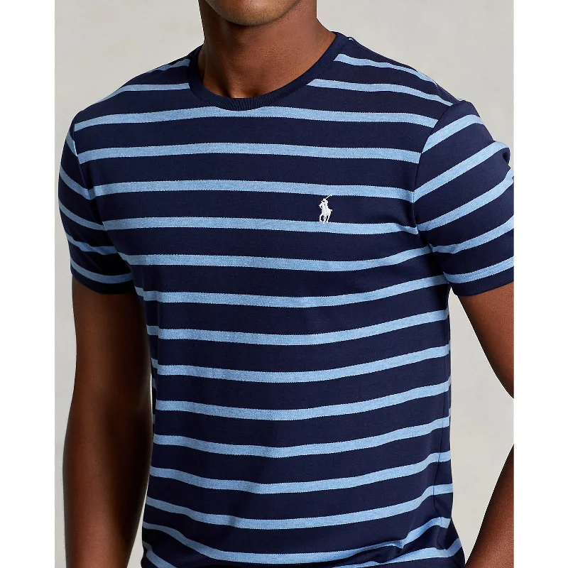 Men's long - sleeve henley t - shirts with button - down placketsCustom Fit Jersey Crewneck T-Shirt - Stripe - Navy/Royal Heather