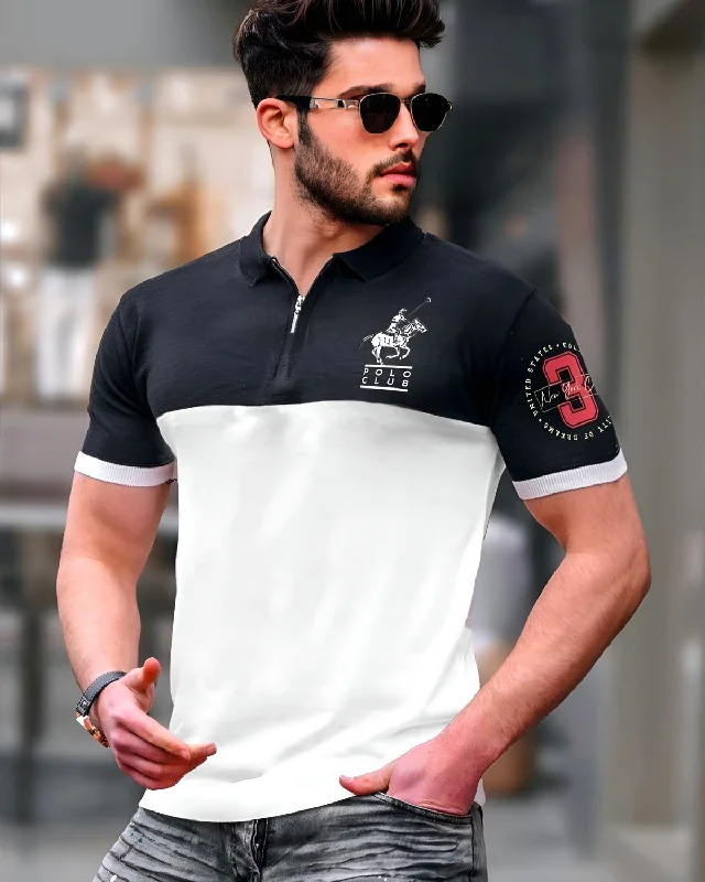 Men's luxury cashmere blend polo shirts in solid colorsMen's short - sleeve linen t - shirts for summer beach outingsBlack and white Polo T-shirt