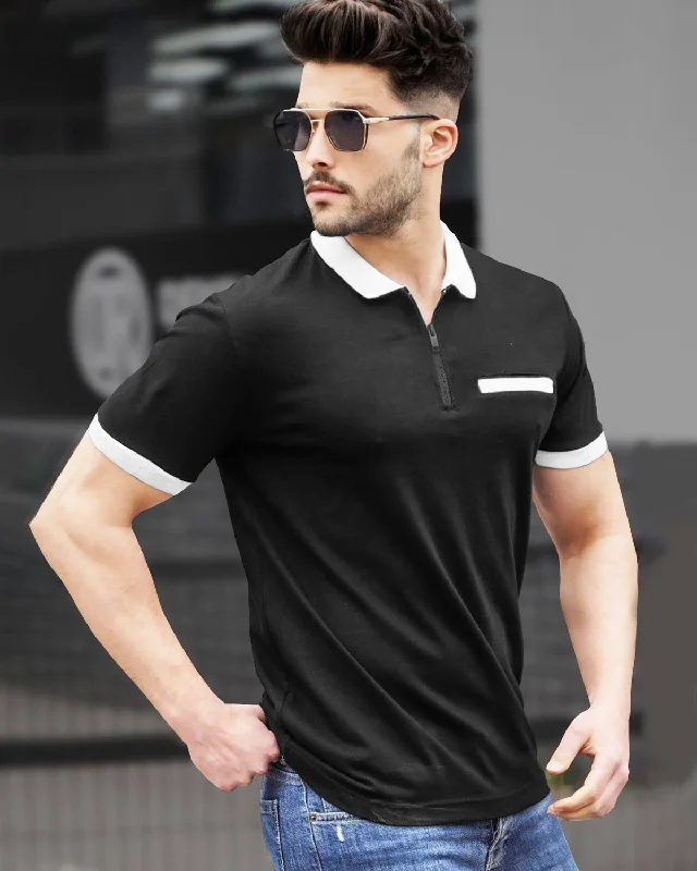 Men's lightweight performance polo shirts for tennis matchesMen's plus - size pocket t - shirts with a classic lookMen Zipper Polo Black-White Contrast T-shirt